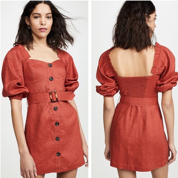 Suboo Rising Sun Button Front Linen Mini Dress brick red - Picture 2 of 13